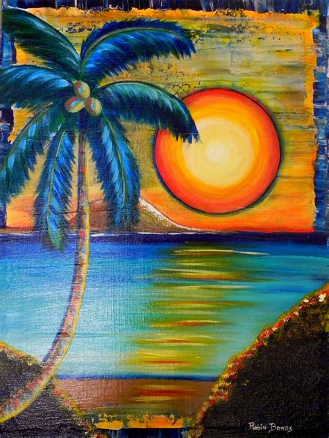 Palm tree and sunset Palm Trees Painting, Night Painting, Beach Painting, Canvas Painting ...