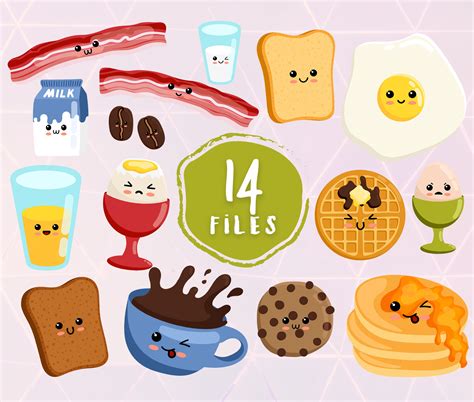 Adorable Cartoon Food SVG Illustration Bundle, Breakfast Food Charater EPS Set, Breakfast Kawaii ...