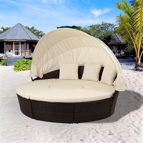 Clearance! Outdoor Patio Round Daybed, Wicker Rattan Patio Furniture Sets w/ Canopy, Outdoor ...