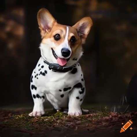 Photo of a corgi with the face of a malmut and colors of a dalmatian on ...