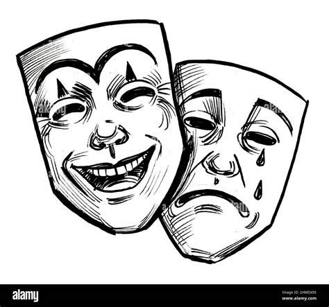 Happy and sad theatre masks. Ink black and white drawing Stock Photo - Alamy