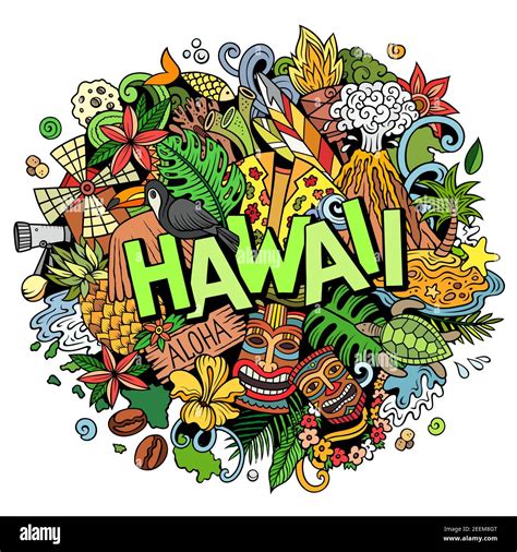 Hawaii hand drawn cartoon doodle illustration. Funny Hawaiian design ...