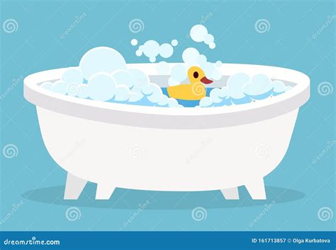 White Bathtub. Cartoon Clean Cute Hot Bath with Bubble and Toys for Indoor Home Spa Relaxation ...