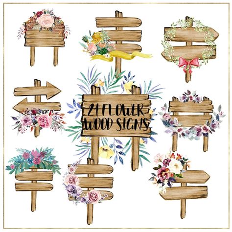 Flower Wood Sign Clipart Watercolor Flowers Sign Wooden - Etsy