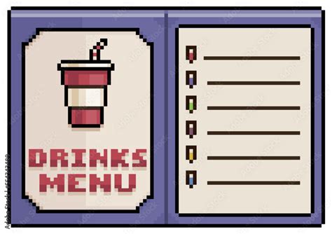 Pixel art drink menu, open paper menu vector icon for 8bit game on ...