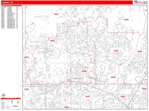 Carmel Indiana Zip Code Wall Map (Red Line Style) by MarketMAPS - MapSales.com