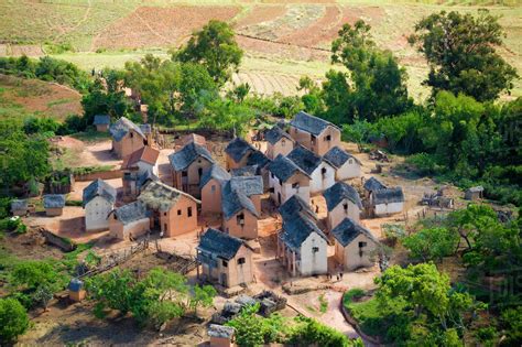 Aerial view of a traditional Betsileo village, Madagascar. - Stock ...