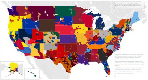 Map of the most popular Division 1 college football teams in the United States. Each county's ...