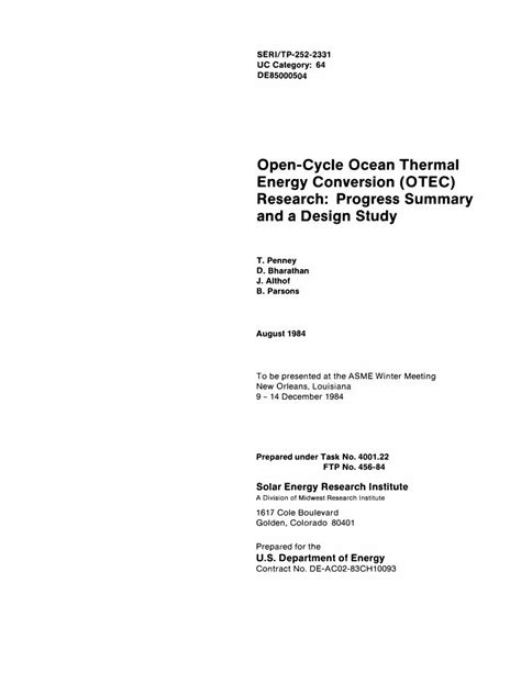 (PDF) Open-Cycle Ocean Thermal Energy Conversion (OTEC) … · Energy Conversion (OTEC) Research ...