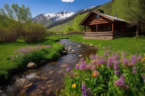 Premium AI Image | A log cabin in the mountains