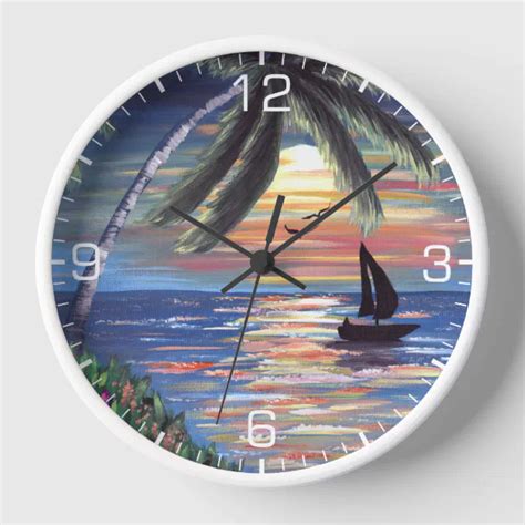 Palm Trees Sunset Ocean Painting Clock | Zazzle