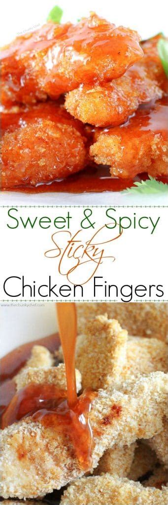 Sweet and Spicy Sticky Chicken Fingers - The Chunky Chef