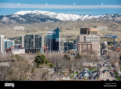 View of Downtown Boise Idaho with snow in the mountains Stock Photo ...