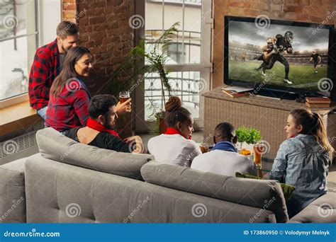 Excited Group of People Watching Sport Match at Home Stock Photo - Image of group, background ...