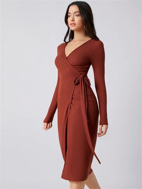 Rib-knit Wrap Belted Dress | SHEIN USA in 2021 | Belted dress, Dresses ...