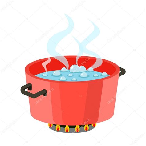 Boiling water in pan Red cooking pot on stove with water and steam Flat design vector — Stock ...