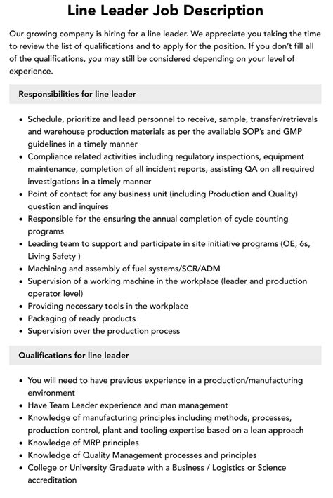 Line Leader Job Description | Velvet Jobs