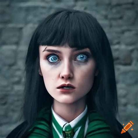 Portrait of a female slytherin student with blue eyes and black hair against a stone wall ...
