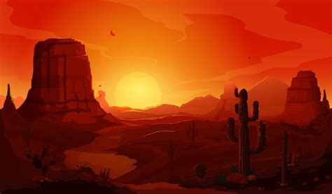 Premium Vector | Sunset mexican desert landscape with cactuses