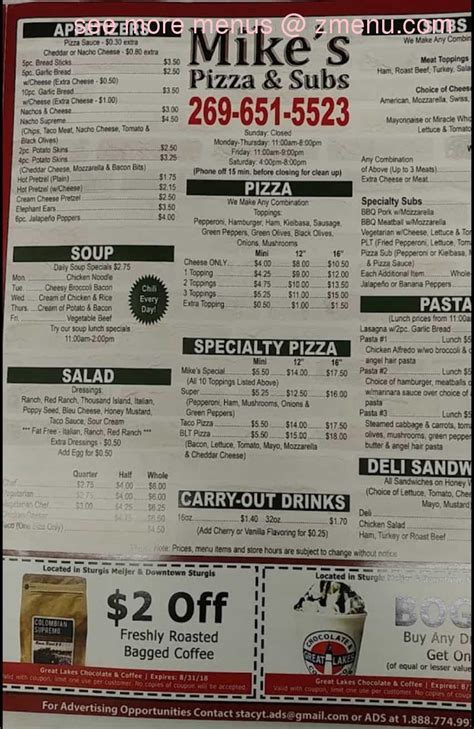 Menu at Mike's Pizza & Sub Carry Out pizzeria, Sturgis