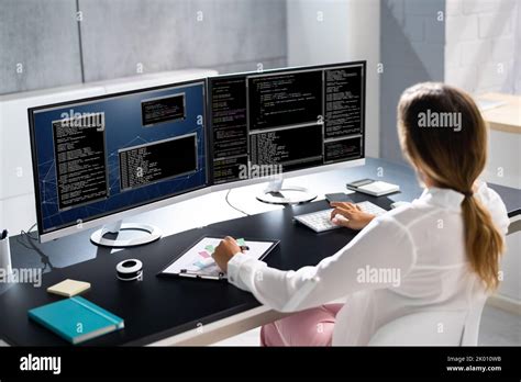 Woman Programmer. Girl Coding Software On Computer Stock Photo - Alamy