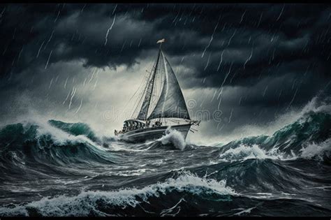 Sailing Boat at Sea in Heavy Rain and Storm Stock Photo - Image of sailing, generative: 274412082