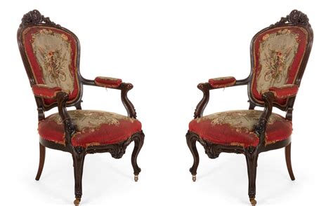 French victorian red floral arm chairs