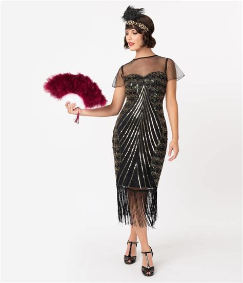 Black & Gold Beaded Cap Sleeve Rolande Fringe Flapper Dress in 2020 (With images) | Muoti