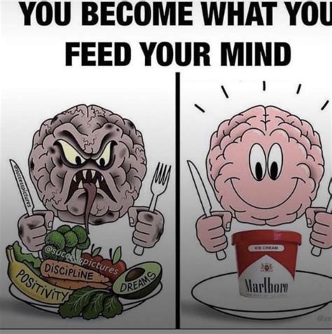 two cartoon images with the words you become what you feed your mind and eating healthy food