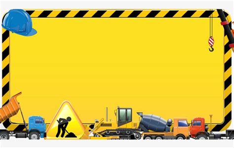 there is a construction site with workers and trucks in the foreground, yellow background