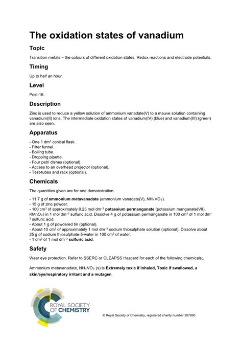 The Oxidation States of Vanadium Topic Transition Metals – the Colours of Different Oxidation ...