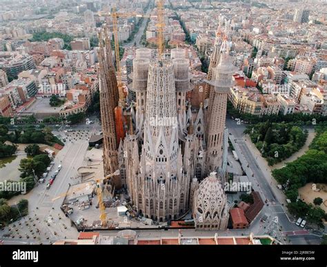 Spain, Catalonia, Barcelona, Aerial view of Sagrada Familia basilica ...