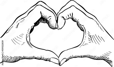 Close-up of a hand making the heart symbol. Black and white vector illustration. Hand language ...