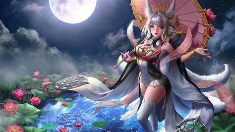 3840x2160 Anime Girl Water Lilies Moon 4k 4K ,HD 4k Wallpapers,Images ...