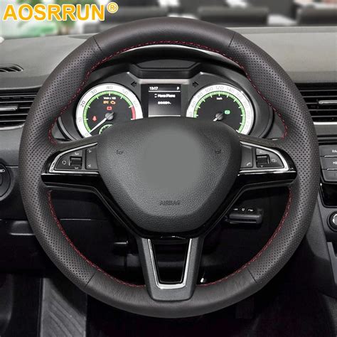 Black Leather Hand stitched Car Steering Wheel Cover For Skoda Karoq Kodiaq scout Yeti 2017 2018 ...