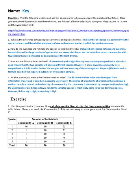 1. Use Simpson`s index (equation 1) to calculate species diversity for