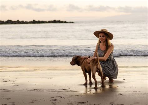 Girl Walking on the Beach at Sunset with a Dog Stock Image - Image of sand, puppy: 152730685