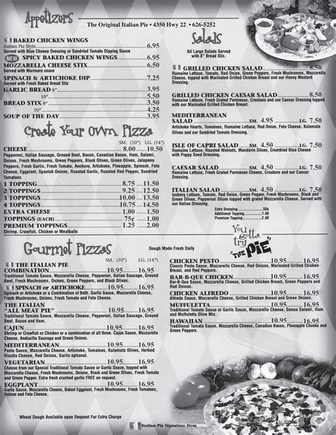 Italian Pie menu in New Orleans, Louisiana, USA