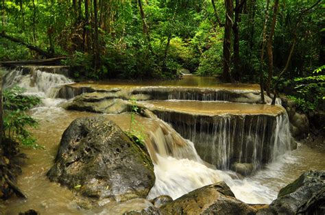 HD Green Thailand Parks Waterfalls Forest Stones Erawan Nature River Desktop Images Wallpaper ...