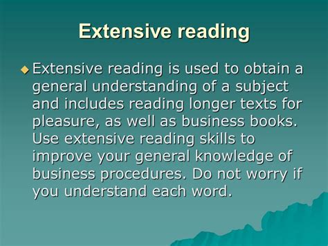 Reading Skills Skimming Scanning Extensive reading Intensive reading ...