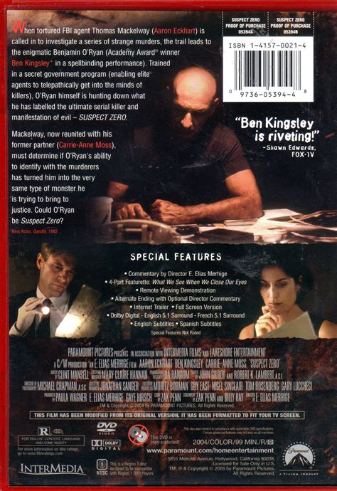 “SUSPECT ZERO” DVD: (OUT-OF-PRINT) Aaron Eckhart, Ben Kingsley, Carrie-Anne Moss, E. Elias ...