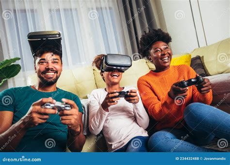 Family Playing Video Games with VR Glasses Stock Photo - Image of mixed ...