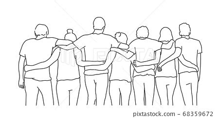 Line drawing of group of happy friends hugging. - Stock Illustration ...