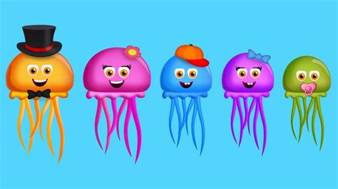 a group of jellyfishs with hats and bow ties in front of a blue background