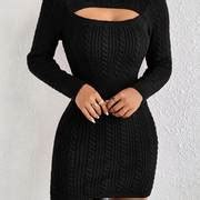 Cut Cable Knit Sweater Dress Sexy Long Sleeve Bodycon Dress - Temu