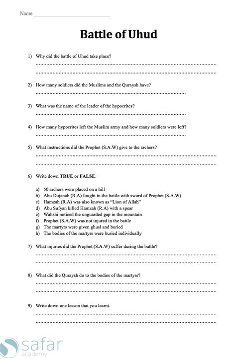 Battle of Uhud Worksheet - Safar Resources