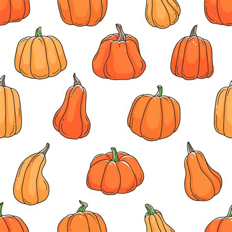 Orange pumpkins cartoon doodle seamless pattern. Contour cute vector illustration background ...