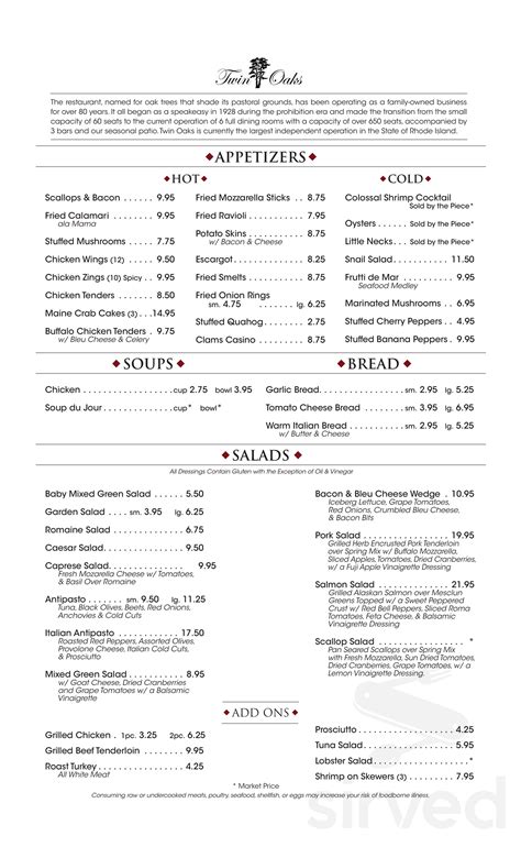 Twin Oaks Restaurant menus in Cranston, Rhode Island, United States