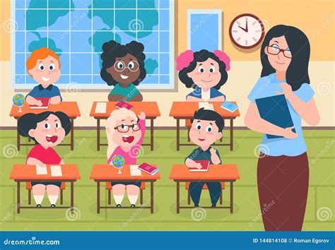 Kids in Classroom. Teacher and Pupils in Elementary School, Cute Cartoon Boys and Girls Happy ...