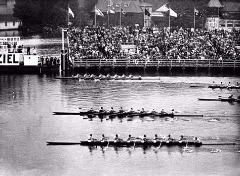 The USA boat passing the finish line at the 1936 Berlin Olympics